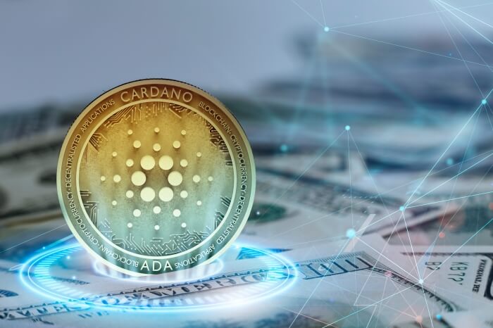 Rysunek przedstawiający poruszające się wieloryby ADA na фонie grafiki Cardano, ilustrujący dynamiczne ruchy i rozwój nowych
