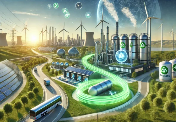 Hybrydowa instalacja wytwarzająca energię z kombinacji źródeł słonecznych, wiatrowych i biogazowych.