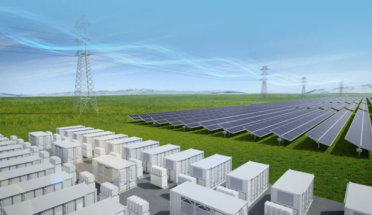 Polska wprowadza regulacje wyłączające instalacje PV i magazyny energii z sieci, pokazane przy panelach słonecznych.