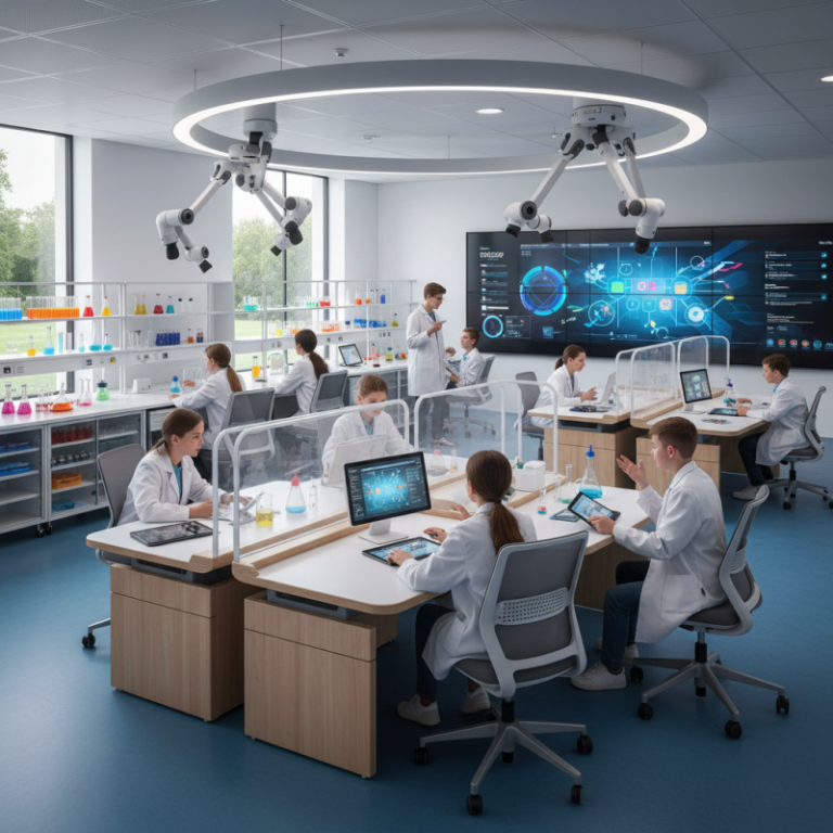 Nowoczesne laboratoria szkolne z modernią technologią AI.